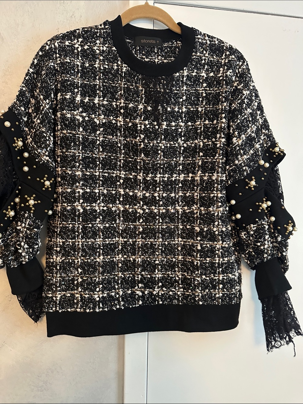 Storets Black & White Tweed Pearl-Embellished Women’s Top
